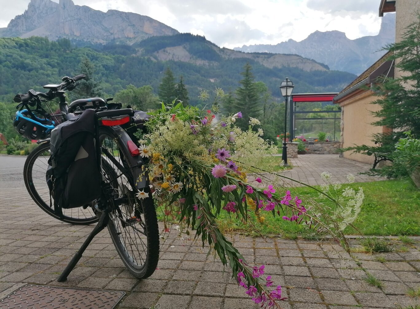 Un vélo fleuri devant les sommets du Dévoluy