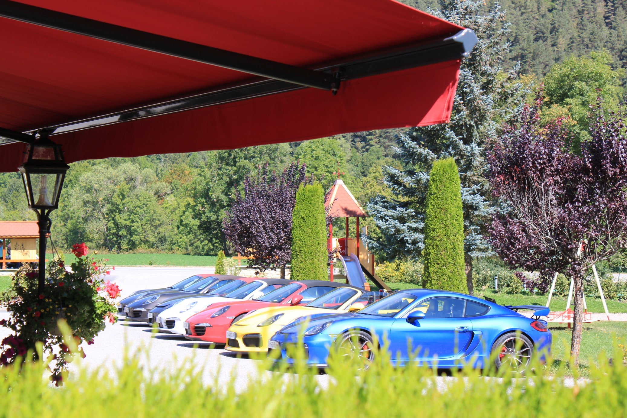 Voitures de collection garées au parc lors d'un rallye